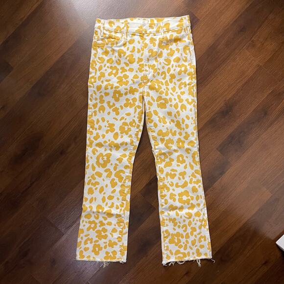MOTHER Denim - Mother The Hustler Ankle Fray Jeans Yellow Leopard Print Retro Festival Sz 28
